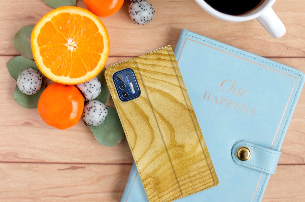 Motorola Moto G9 Plus Book Wallet Case Licht Hout