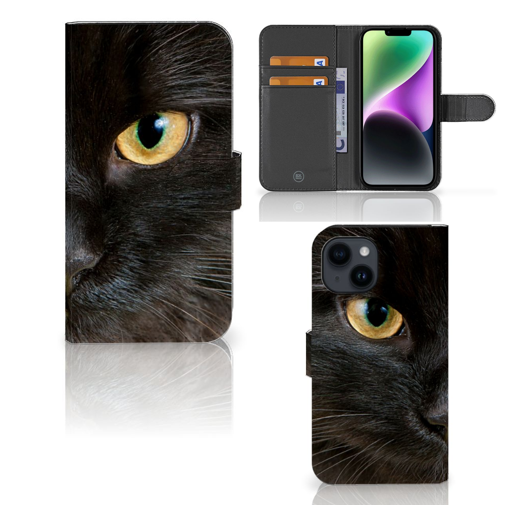 iPhone 15 Telefoonhoesje met Pasjes Zwarte Kat