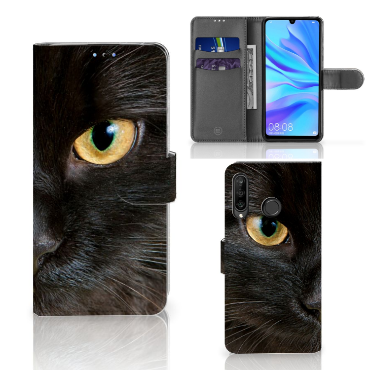 Huawei P30 Lite (2020) Telefoonhoesje met Pasjes Zwarte Kat