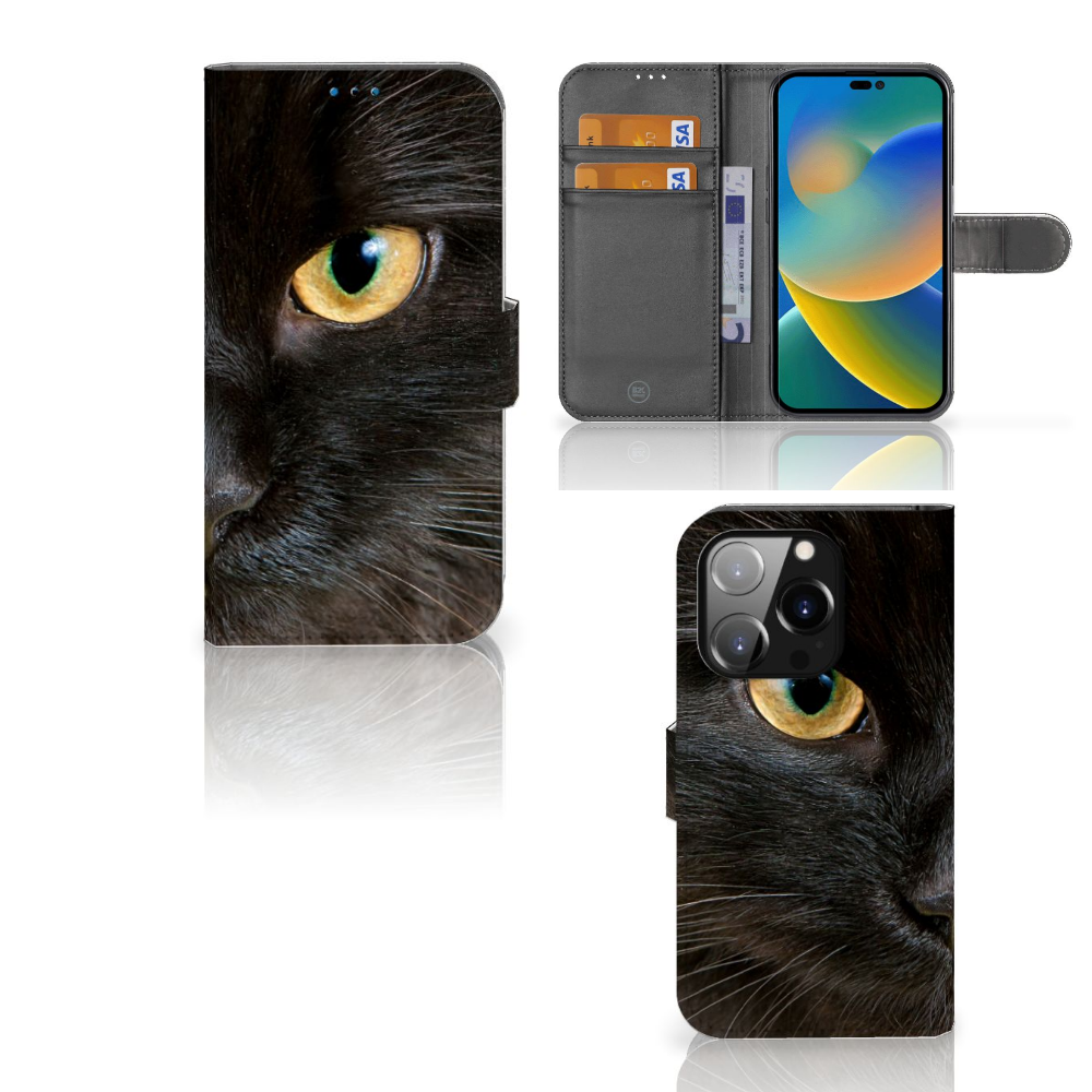 iPhone 14 Pro Telefoonhoesje met Pasjes Zwarte Kat