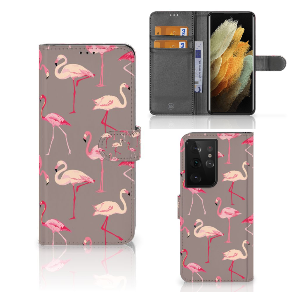 Samsung Galaxy S21 Ultra Telefoonhoesje met Pasjes Flamingo