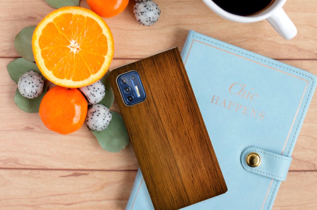 Motorola Moto G9 Plus Book Wallet Case Donker Hout