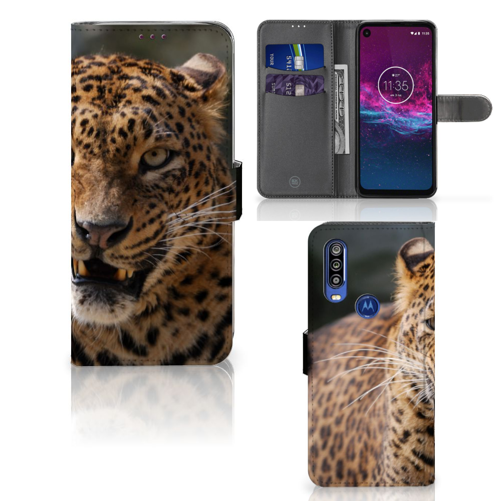 Motorola One Action Telefoonhoesje met Pasjes Luipaard