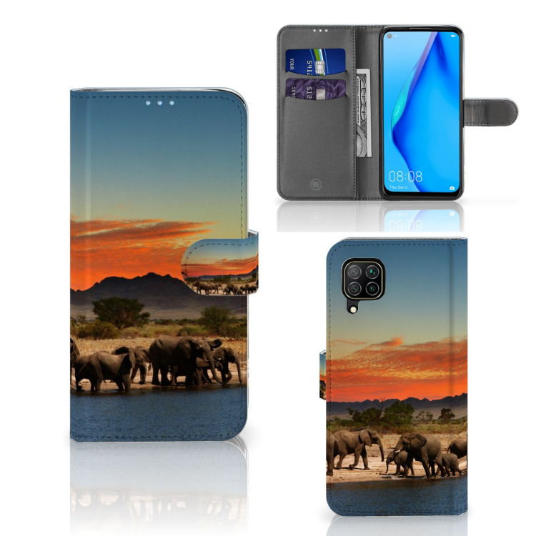 Huawei P40 Lite Telefoonhoesje met Pasjes Olifanten