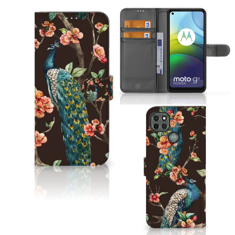 Motorola Moto G9 Power Telefoonhoesje met Pasjes Pauw met Bloemen