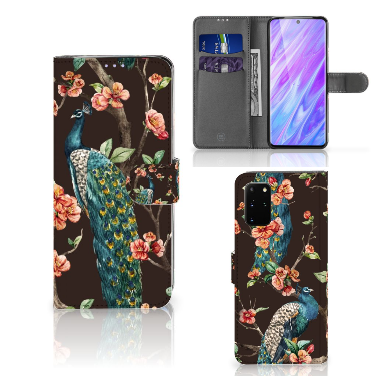 Samsung Galaxy S20 Plus Telefoonhoesje met Pasjes Pauw met Bloemen