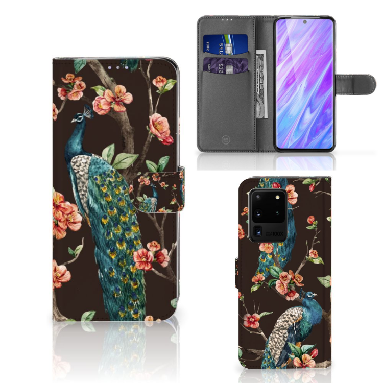 Samsung Galaxy S20 Ultra Telefoonhoesje met Pasjes Pauw met Bloemen