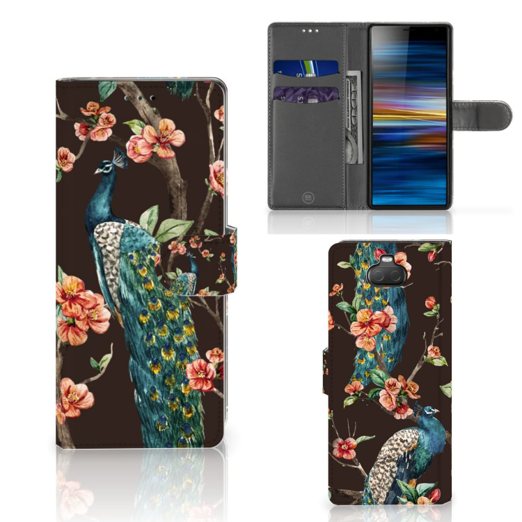 Sony Xperia 10 Telefoonhoesje met Pasjes Pauw met Bloemen