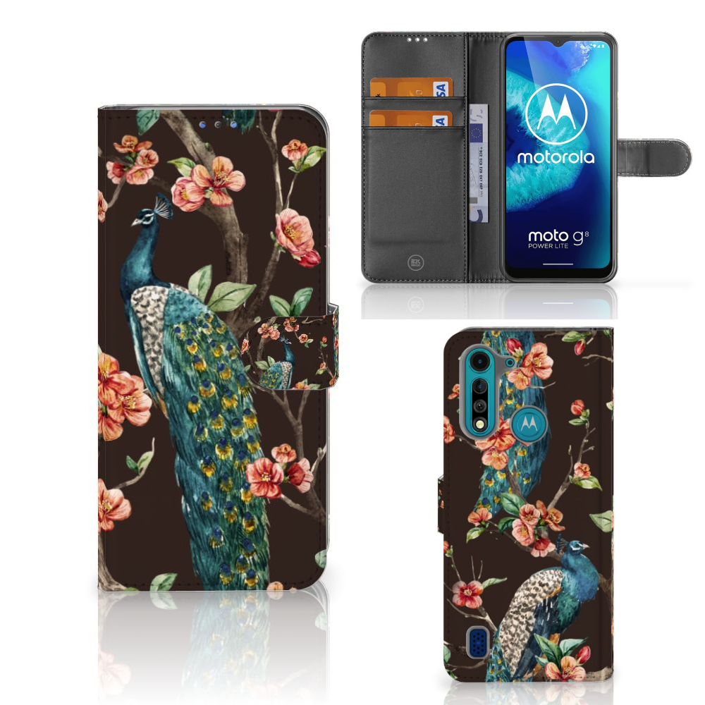 Motorola G8 Power Lite Telefoonhoesje met Pasjes Pauw met Bloemen
