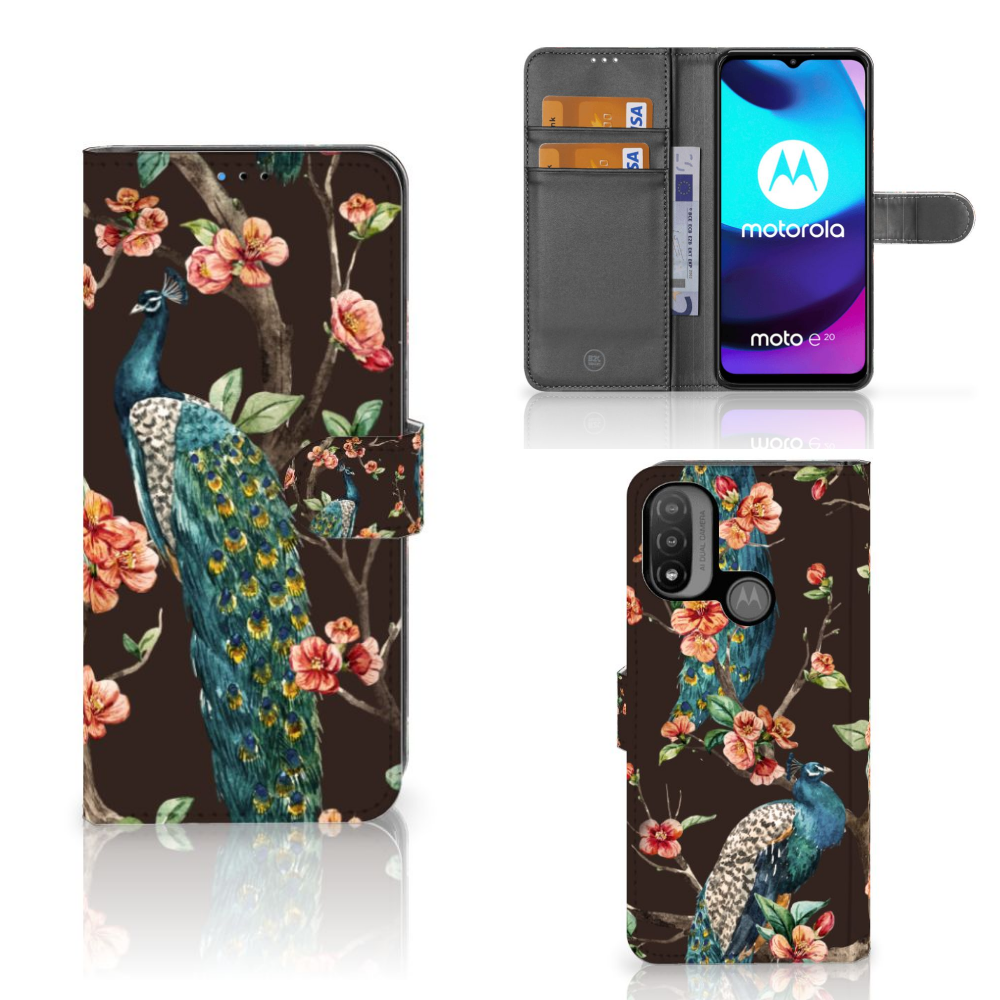 Motorola Moto E20 | E30 | E40 Telefoonhoesje met Pasjes Pauw met Bloemen