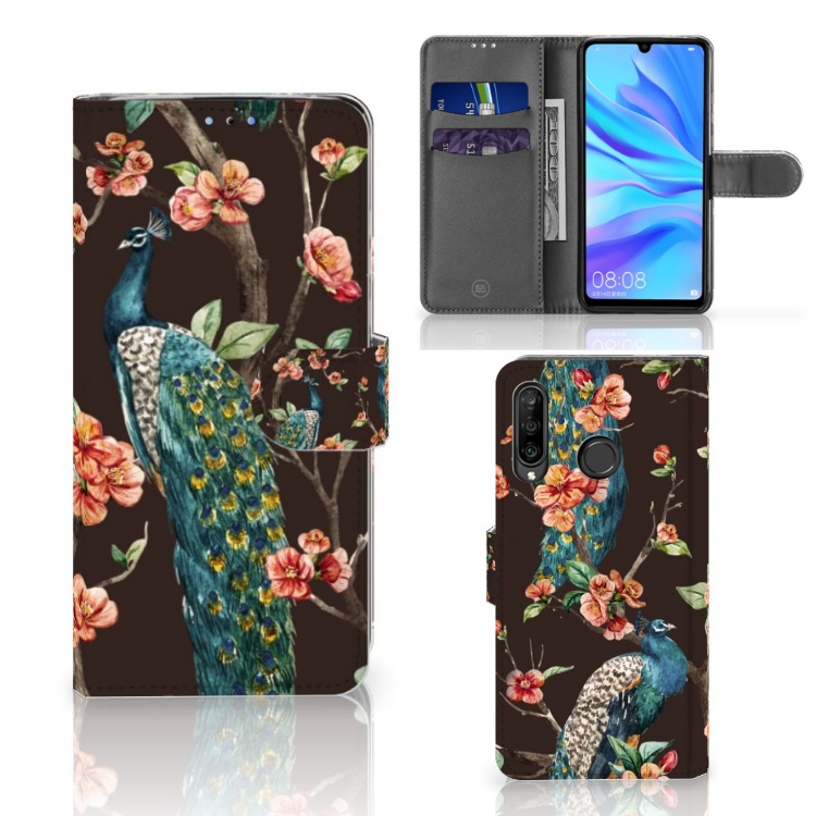 Huawei P30 Lite (2020) Telefoonhoesje met Pasjes Pauw met Bloemen