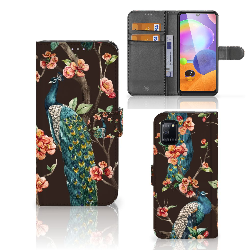 Samsung Galaxy A31 Telefoonhoesje met Pasjes Pauw met Bloemen