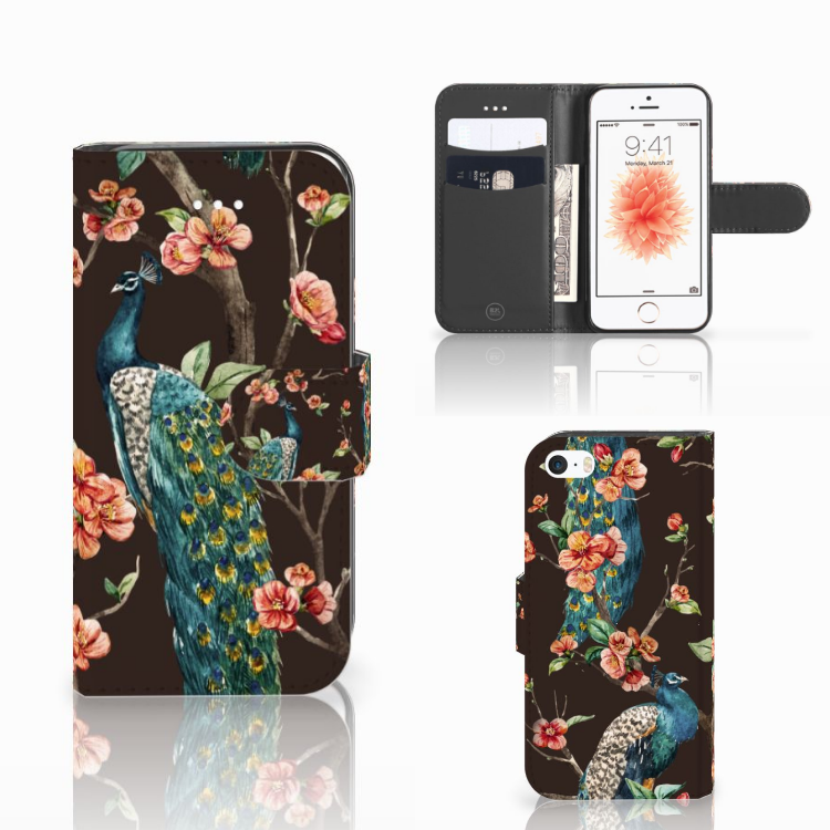 Apple iPhone 5 | 5s | SE Telefoonhoesje met Pasjes Pauw met Bloemen