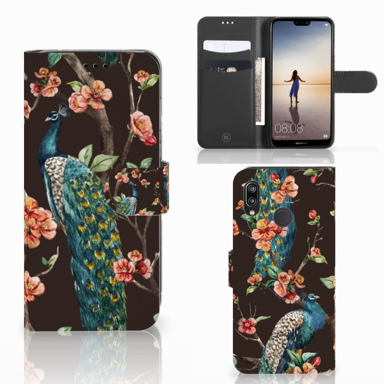 Huawei P20 Lite Telefoonhoesje met Pasjes Pauw met Bloemen