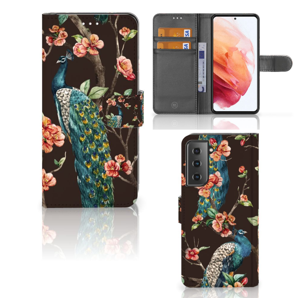 Samsung Galaxy S21 Telefoonhoesje met Pasjes Pauw met Bloemen