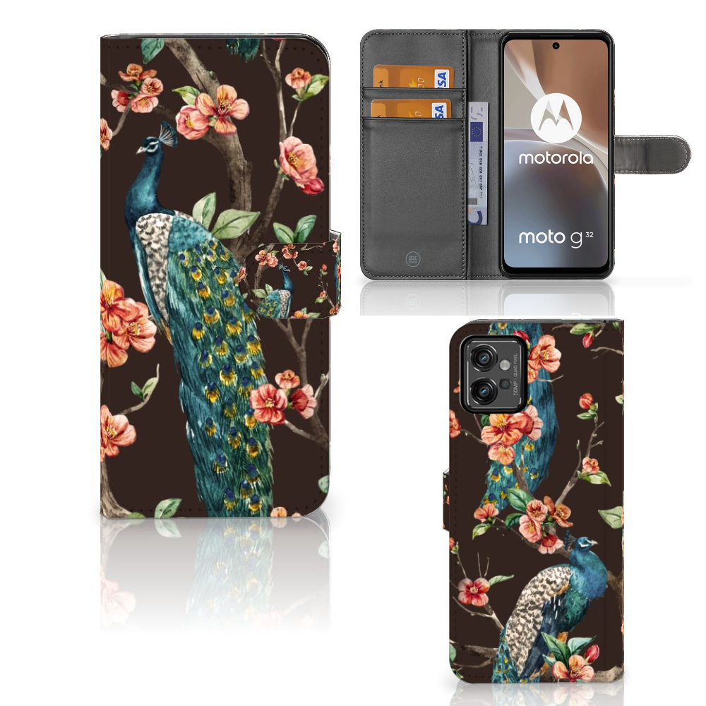 Motorola Moto G32 Telefoonhoesje met Pasjes Pauw met Bloemen