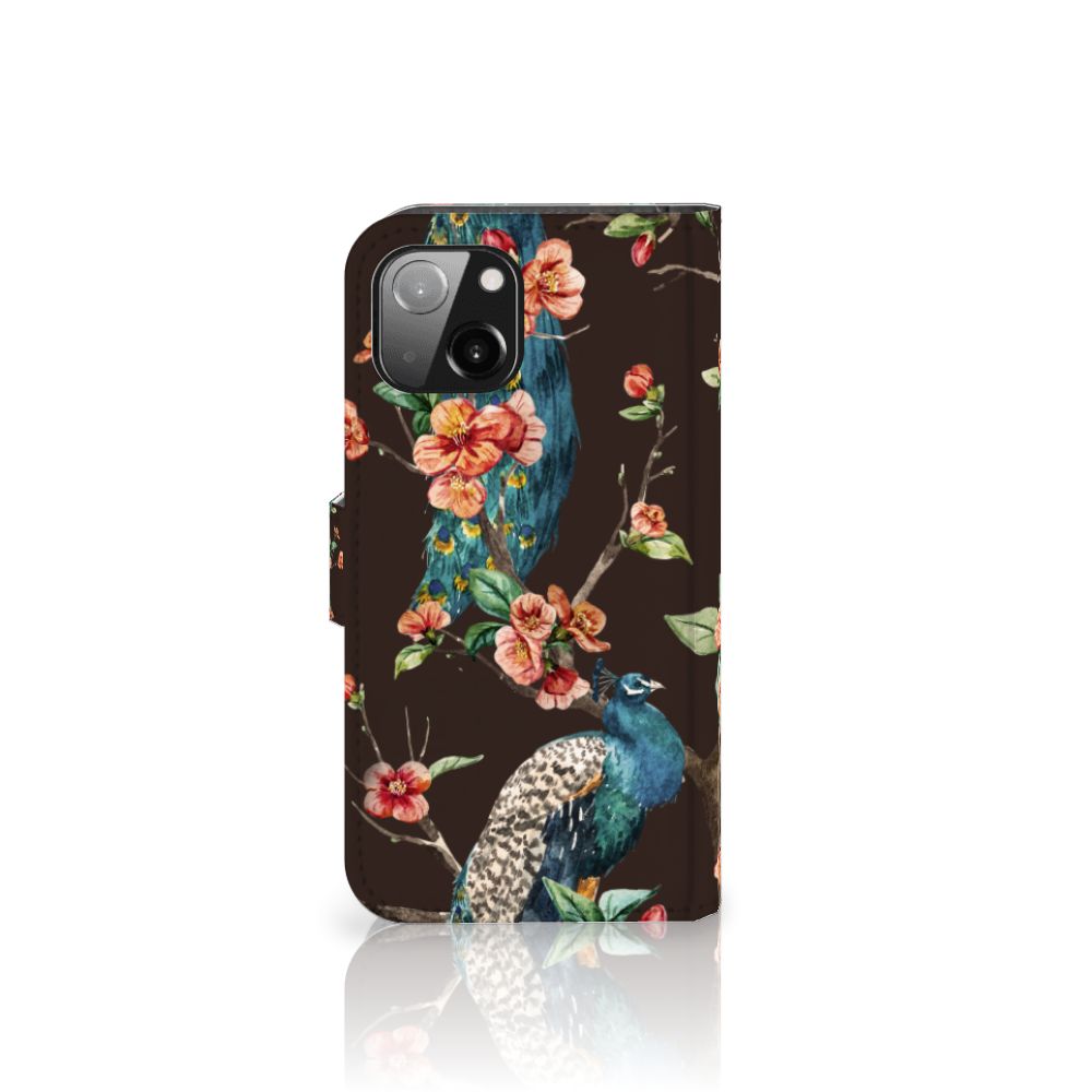 Apple iPhone 13 Telefoonhoesje met Pasjes Pauw met Bloemen