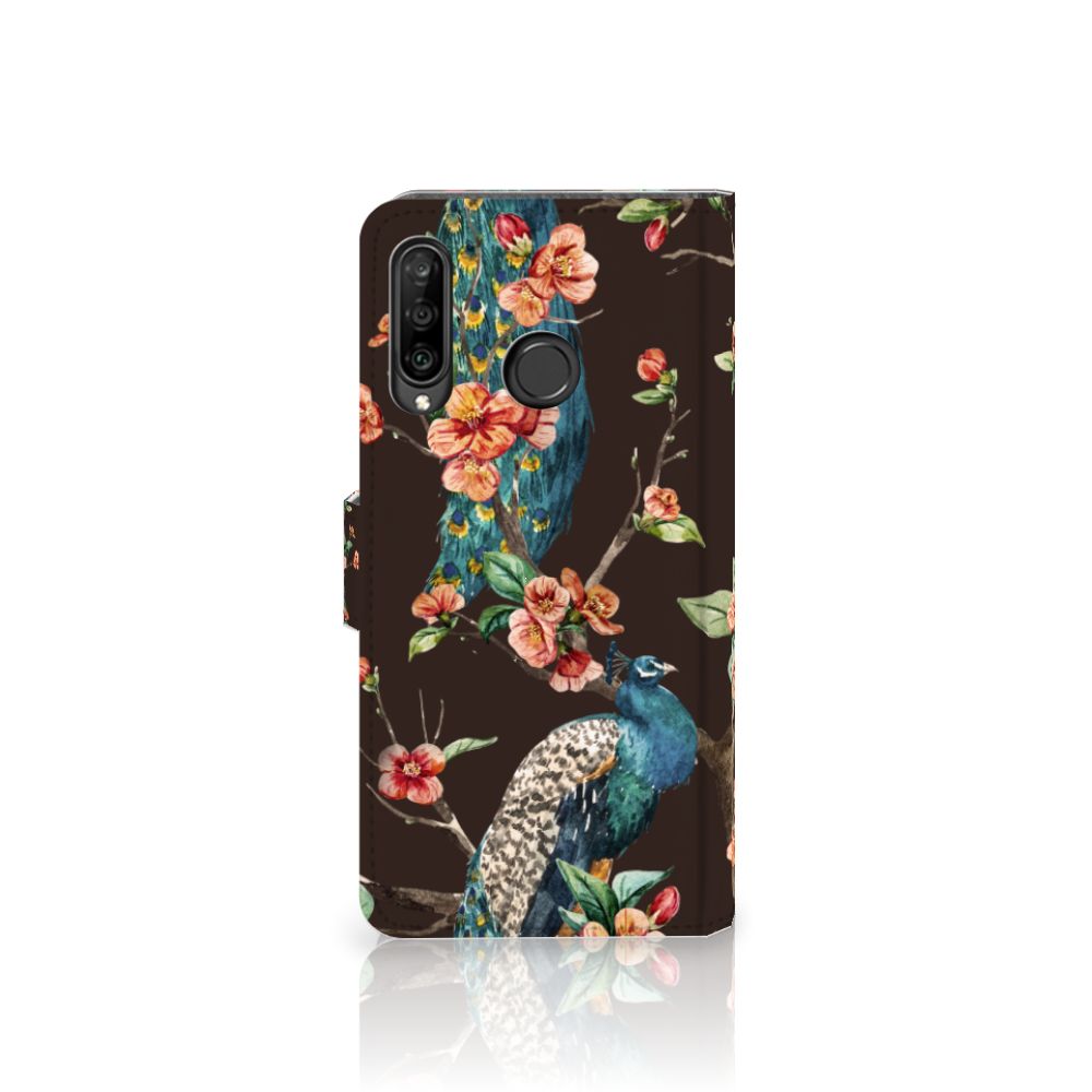 Huawei P30 Lite (2020) Telefoonhoesje met Pasjes Pauw met Bloemen