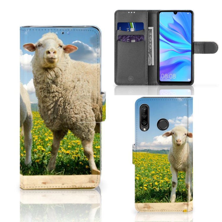 Huawei P30 Lite (2020) Telefoonhoesje met Pasjes Schaap en Lammetje