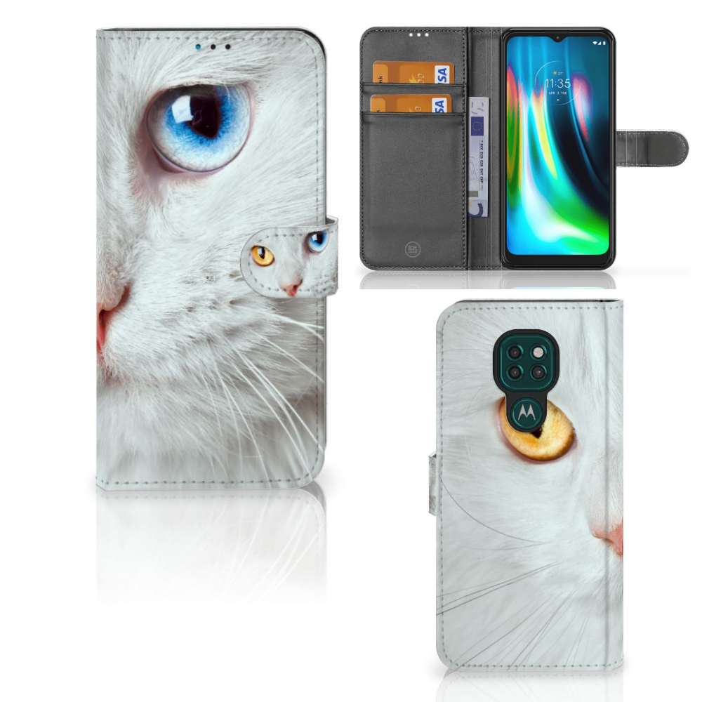 Motorola Moto G9 Play | E7 Plus Telefoonhoesje met Pasjes Witte Kat