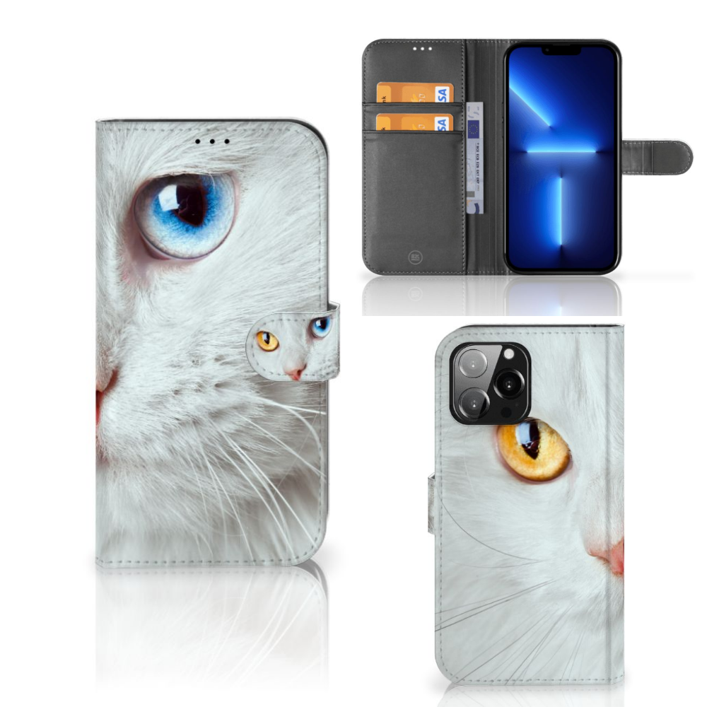 iPhone 13 Pro Max Telefoonhoesje met Pasjes Witte Kat