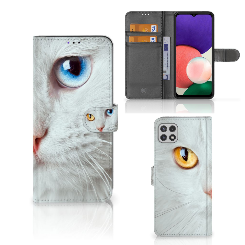 Samsung Galaxy A22 5G Telefoonhoesje met Pasjes Witte Kat
