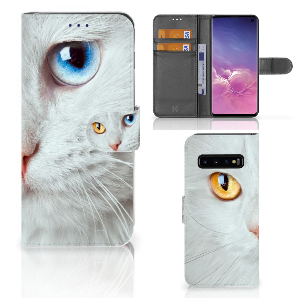Samsung Galaxy S10 Telefoonhoesje met Pasjes Witte Kat