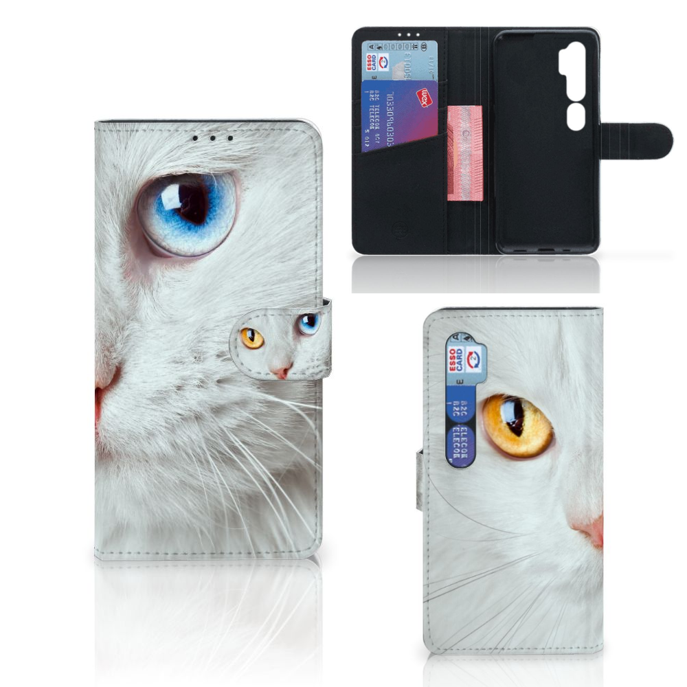 Xiaomi Mi Note 10 Pro Telefoonhoesje met Pasjes Witte Kat