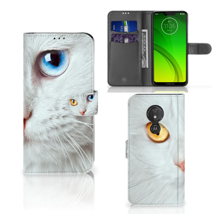 Motorola Moto G7 Power Telefoonhoesje met Pasjes Witte Kat