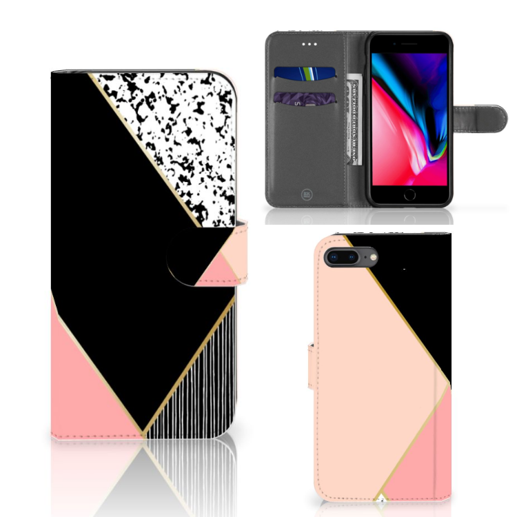 Apple iPhone 7 Plus | 8 Plus Uniek Boekhoesje Black Pink Shapes