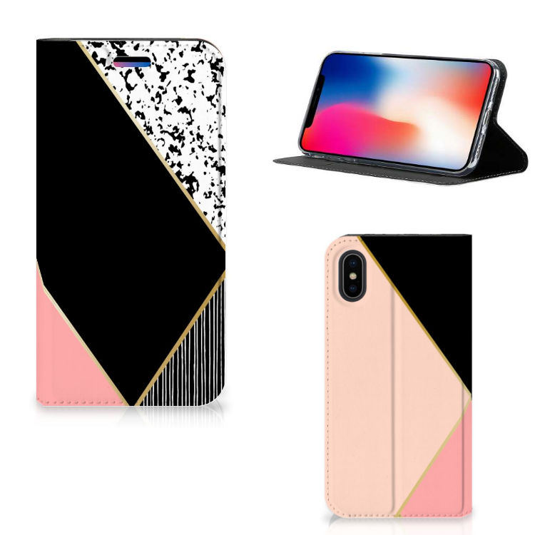 Apple iPhone X | Xs Uniek Standcase Hoesje Black Pink Shapes