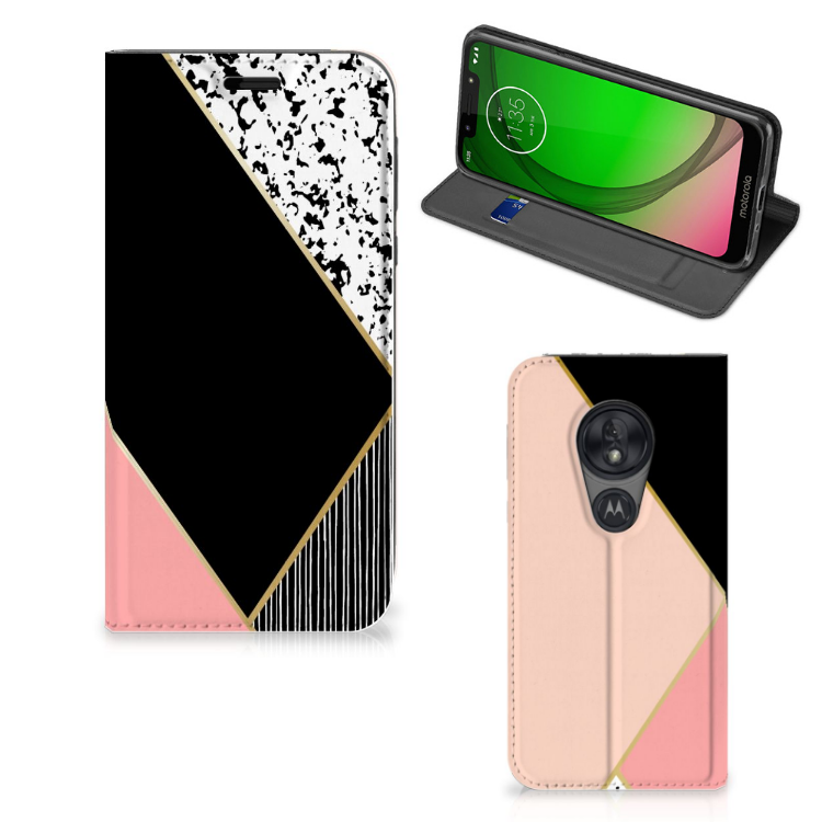Motorola Moto G7 Play Stand Case Zwart Roze Vormen