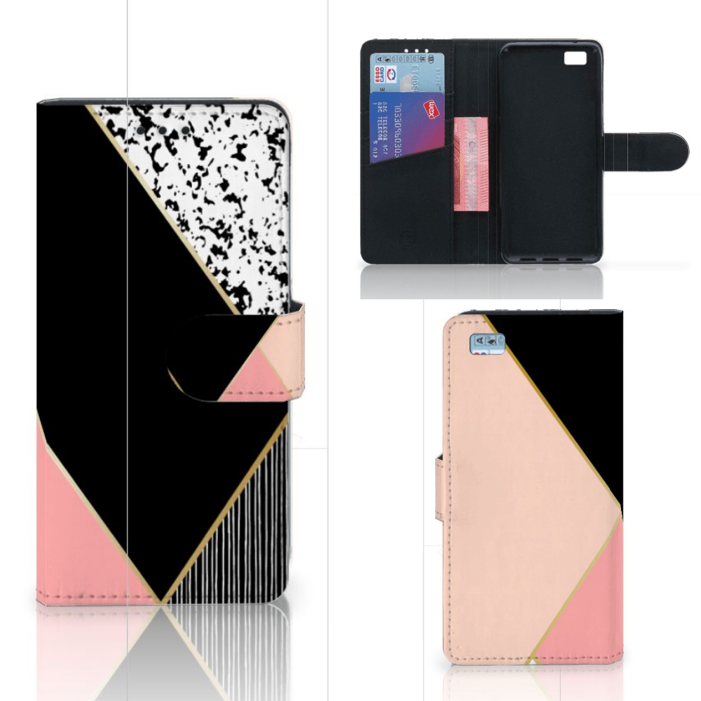 Huawei Ascend P8 Lite Uniek Boekhoesje Black Pink Shapes