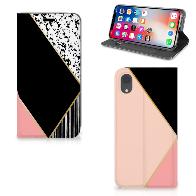 Apple iPhone Xr Uniek Standcase Hoesje Black Pink Shapes