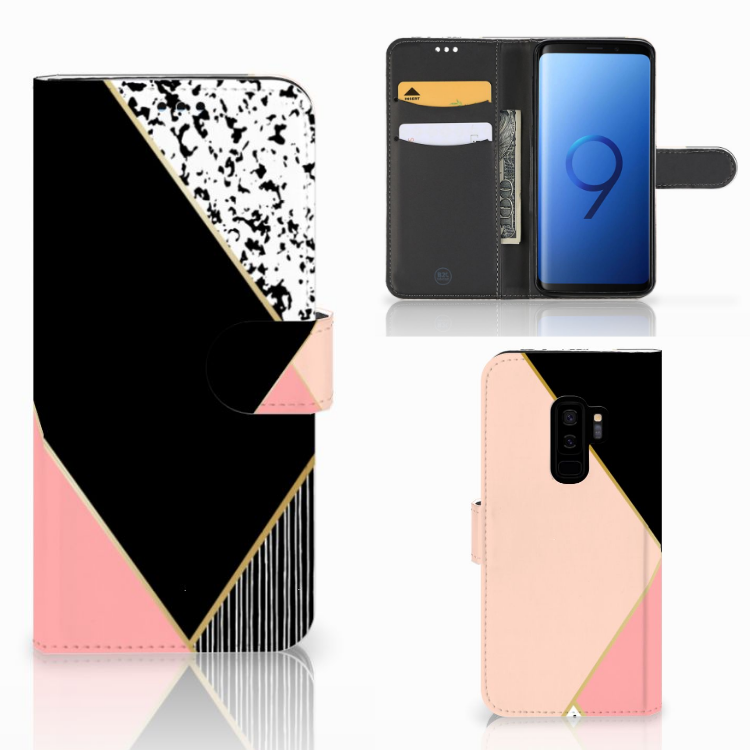 Samsung Galaxy S9 Plus Book Case Zwart Roze Vormen
