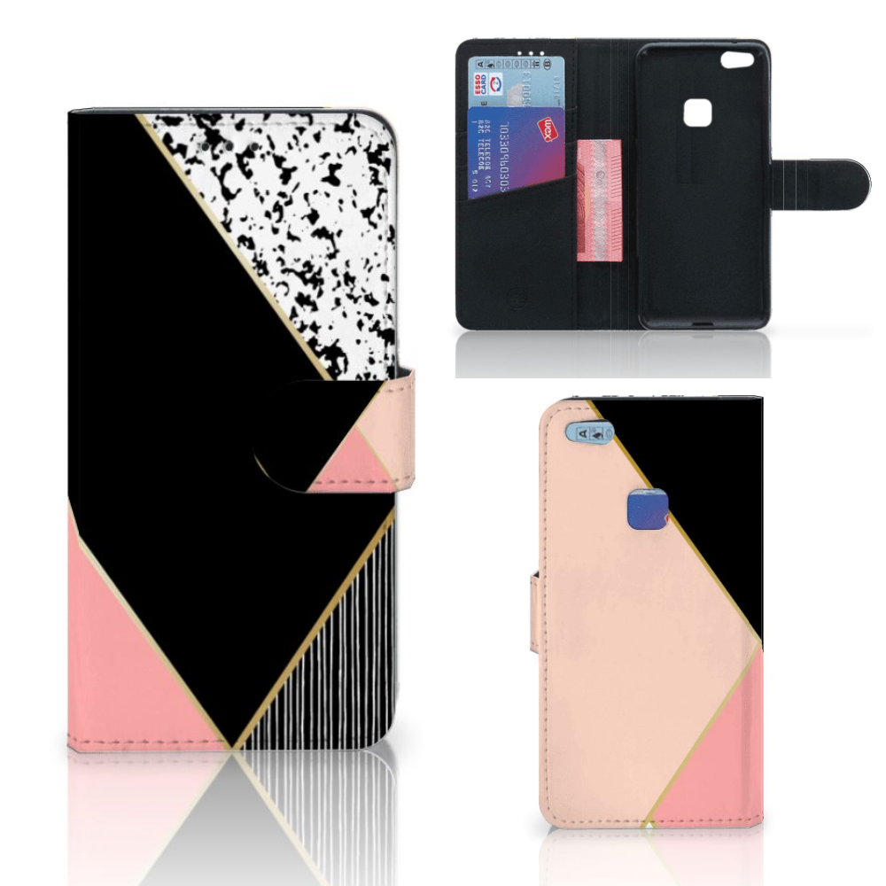 Huawei P10 Lite Uniek Boekhoesje Black Pink Shapes
