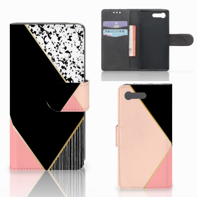 Sony Xperia X Compact Uniek Boekhoesje Black Pink Shapes