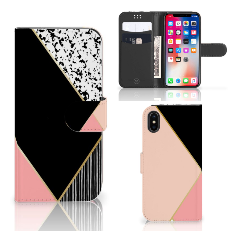 Apple iPhone X | Xs Uniek Boekhoesje Black Pink Shapes