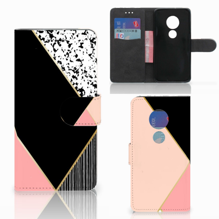 Motorola Moto G7 Play Book Case Zwart Roze Vormen