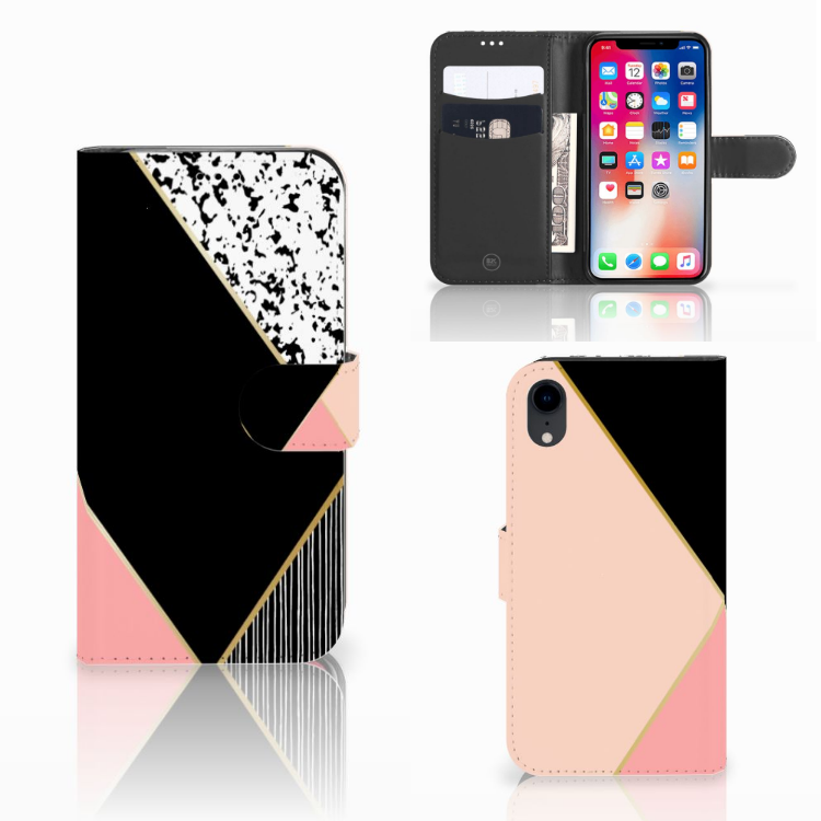 Apple iPhone Xr Uniek Boekhoesje Black Pink Shapes