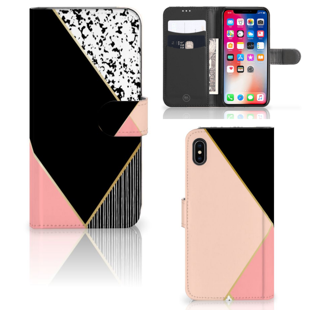 Apple iPhone Xs Max Uniek Boekhoesje Black Pink Shapes