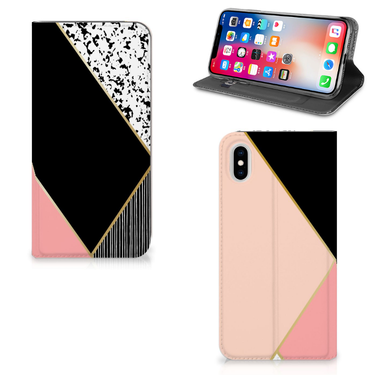 Apple iPhone Xs Max Uniek Standcase Hoesje Black Pink Shapes