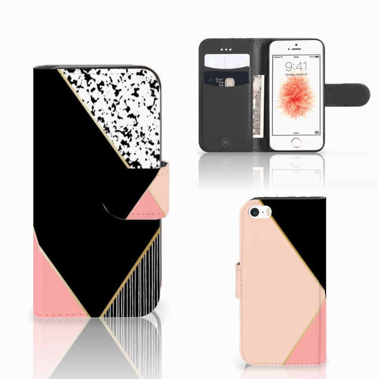 Apple iPhone 5 | 5s | SE Book Case Zwart Roze Vormen