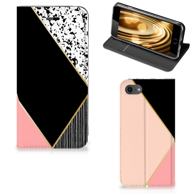 Apple iPhone 7 | 8 Uniek Standcase Hoesje Black Pink Shapes