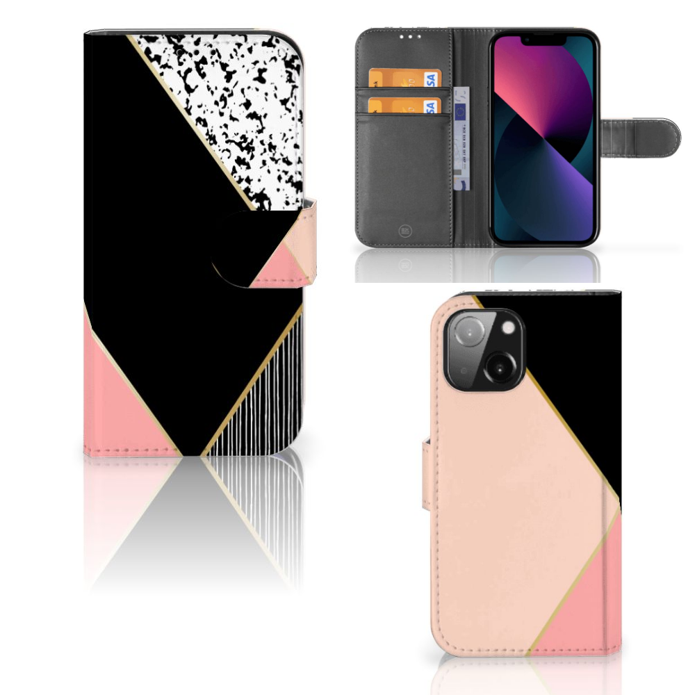 iPhone 13 Mini Book Case Zwart Roze Vormen