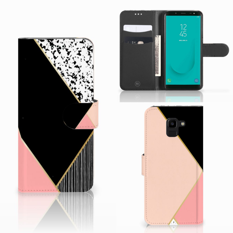 Samsung Galaxy J6 2018 Uniek Boekhoesje Black Pink Shapes