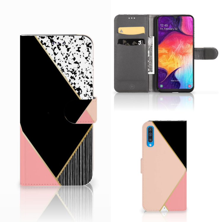 Samsung Galaxy A50 Book Case Zwart Roze Vormen