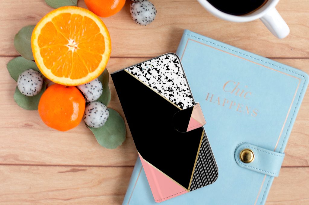 Samsung Galaxy A52 Book Case Zwart Roze Vormen