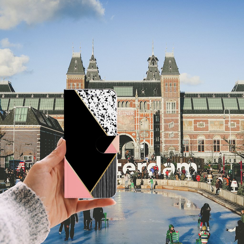 Samsung Galaxy A50 Book Case Zwart Roze Vormen