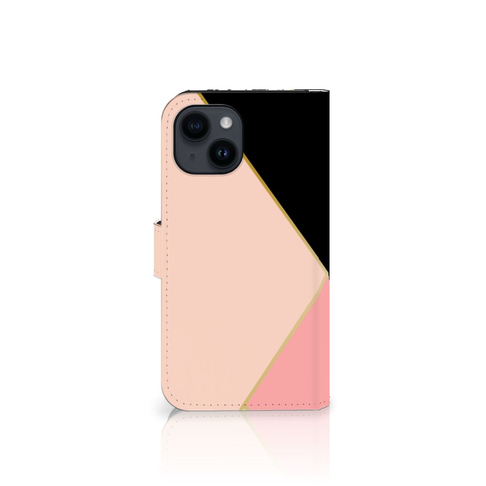 iPhone 15 Book Case Zwart Roze Vormen